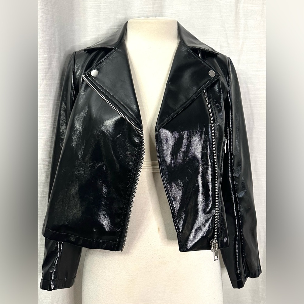 Topshop Women's Black 100% Polyester Cropped Biker Jacket Ladies Zipper Pocket - Picture 10 of 12